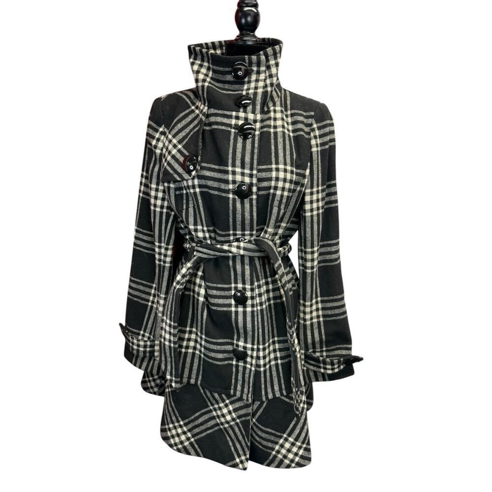 Express Black Plaid Wool Blend Coat Belted Y2K Peacoat Jacket Large